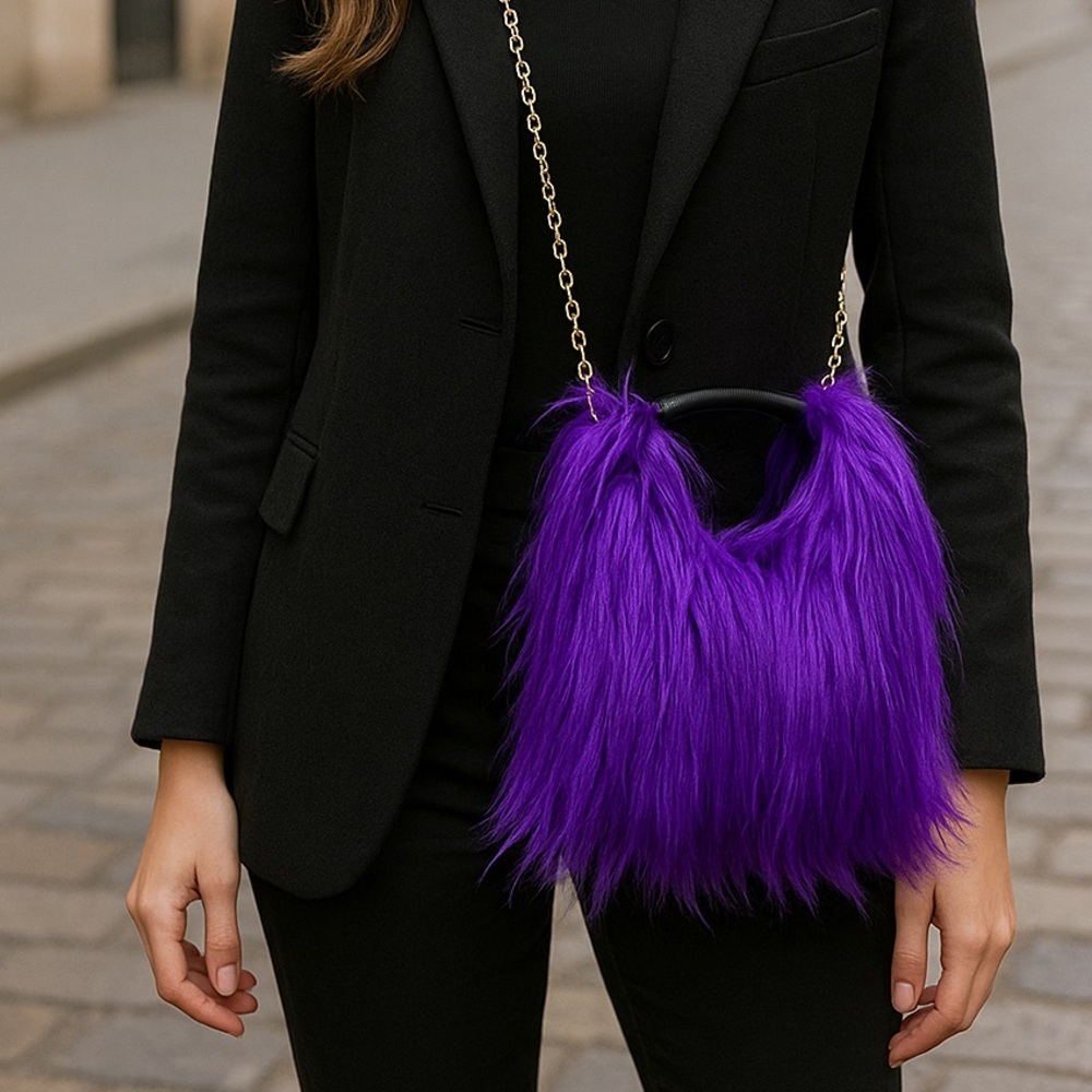 Vibrant Purple Fluffy Faux Fur Shoulder Crossbody Bag - Picture 4 of 7